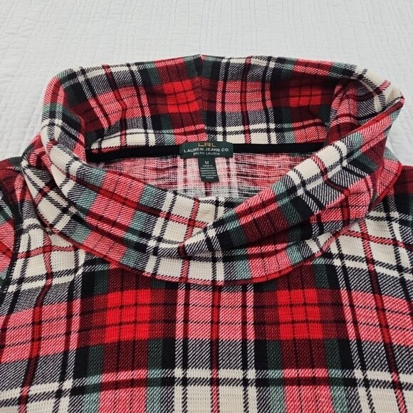 Lauren Ralph Lauren Women's Sweater Medium Red Black Cowl Neck Holiday Plaid EUC - Picture 7 of 14